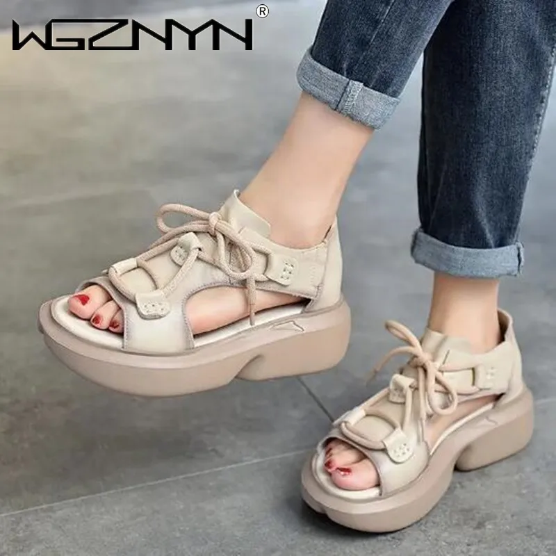 

Женские босоножки из натуральной кожи на танкетке на толстой подошве, сандалии из пеньки на высоком каблуке, Новинка лета 2022, сандалии-глади...