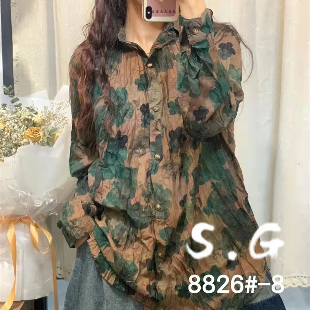 

Женская льняная камуфляжная рубашка, Новинка весна-лето 2022, льняная рубашка средней и длинной длины в этническом стиле, свободная рубашка с ...