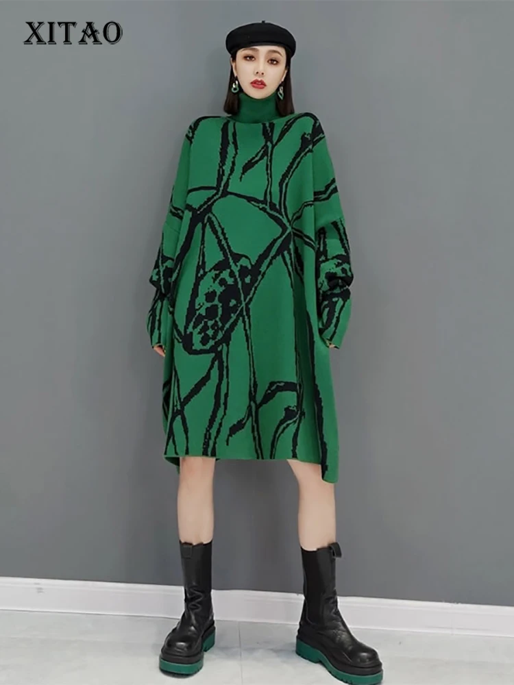 

XITAO трикотажное платье с принтом, весна 2022, Новое поступление, модное, темпераментное, повседневное, с высоким воротом, с длинным рукавом, свободное, Корея, для женщин, GWJ0866