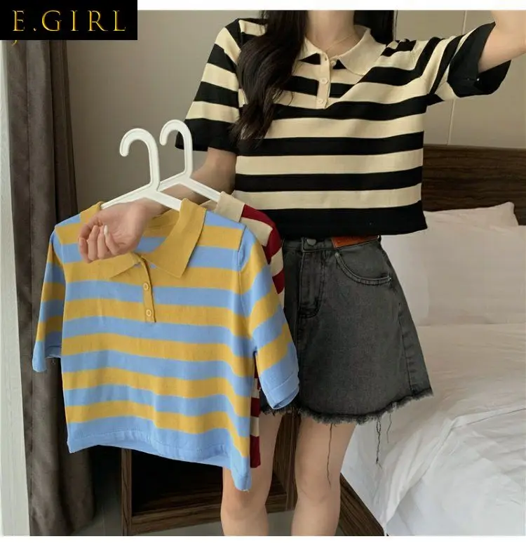 T-shirts Women Short Sleeve Preppy Style Korean Retro Striped Female Loose Knitting Breathable Casual Turn-down Collar Buttons