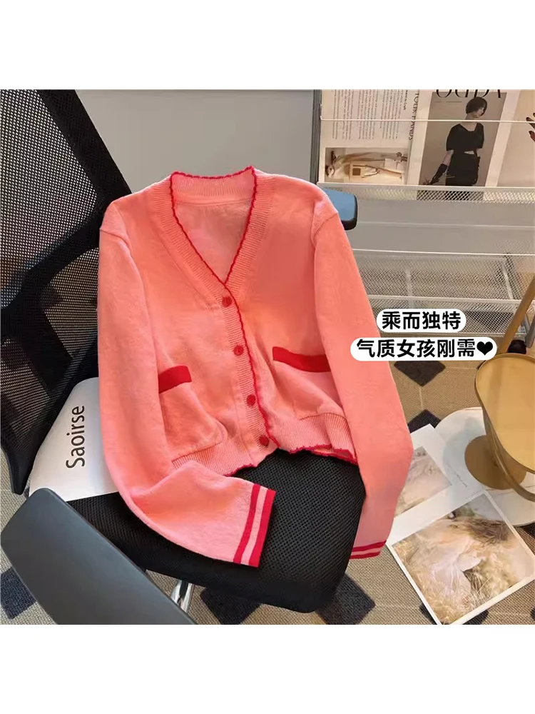 

Women Pink Cardigan Knitted Sweater Ladies Aesthetic Kawaii V-Neck Long Sleeve Sweater Korean Y2k 90s Vintage Jumper Top Autumn