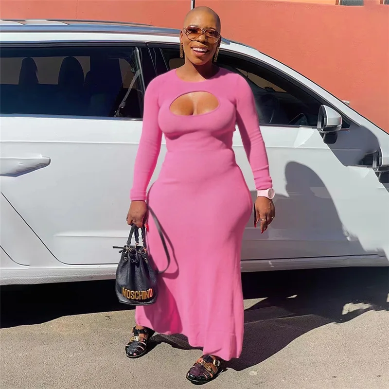 

Wishyear 2022 Women Elegant Sexy Long Sleeve Bodycon Dress Pink Party Fall Outfits Flared Hem Cut Out Maxi Dresses