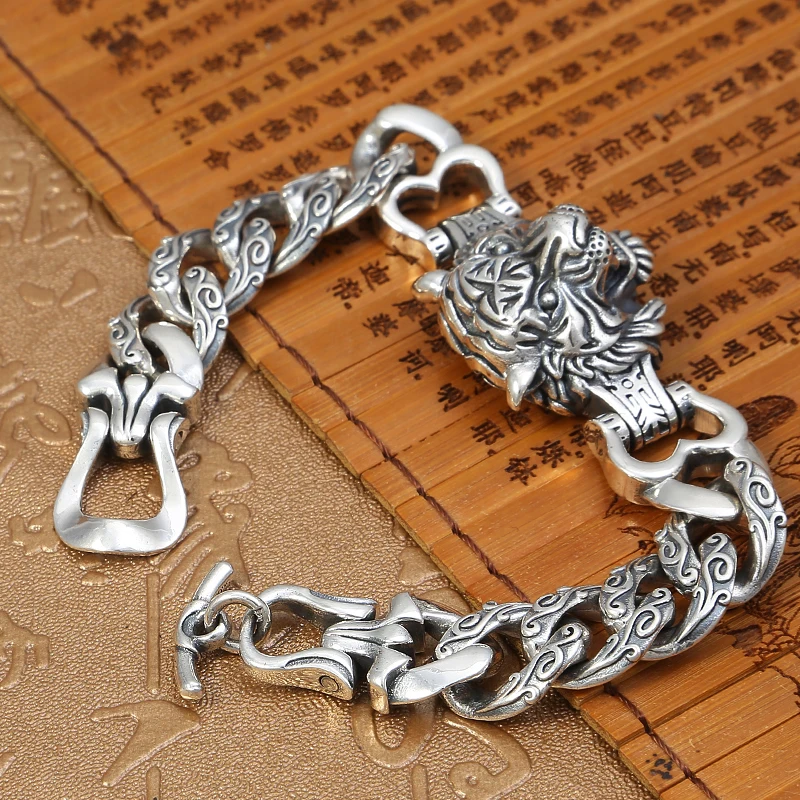 Мужской серебряный браслет с головой тигра оригинальный дизайн - купить по