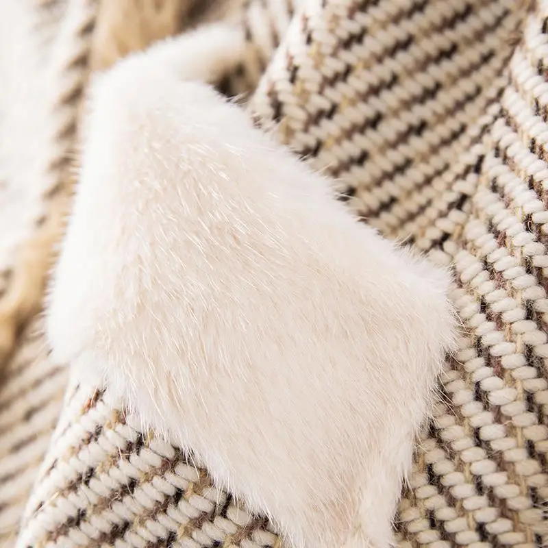 New Winter Tweed Wool Real Fur Coat Women High Quality Thick Warm Mink Fur Lace Up Medium Long Jacket Famale Clothing Parkas Top