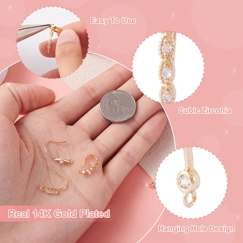 8 Pairs Brass Micro Pave Cubic Zirconia Earring Hooks Rhombus Teardrop Lighting Real 14K Gold Plated for Jewelry Making DIY