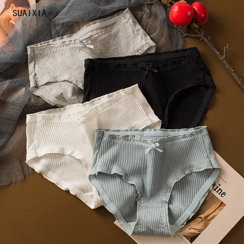 

Pure Cotton Women's Panties Women's Threaded Bow Breathable Sexy Mid-waist Girls Briefs