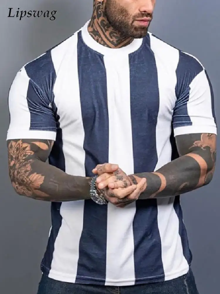 

Casual O-Neck Short Sleeve T-shirts Men Clothes 2022 Summer Fashion Striped Printed Tee Shirt Streetwear Mens Slim Pullover Tops