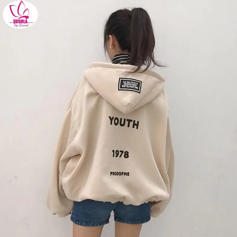 

Lady Autumn Women's Korean Harajuku Coa Zipper Hooded Loose Back Letters Jacket Female Cute Japanese Kawaii Loose Coat for Women