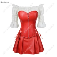 leather corset dress with shirt white off shoulder red steampunk overbust corset top skirt faux leather cool girl outfit