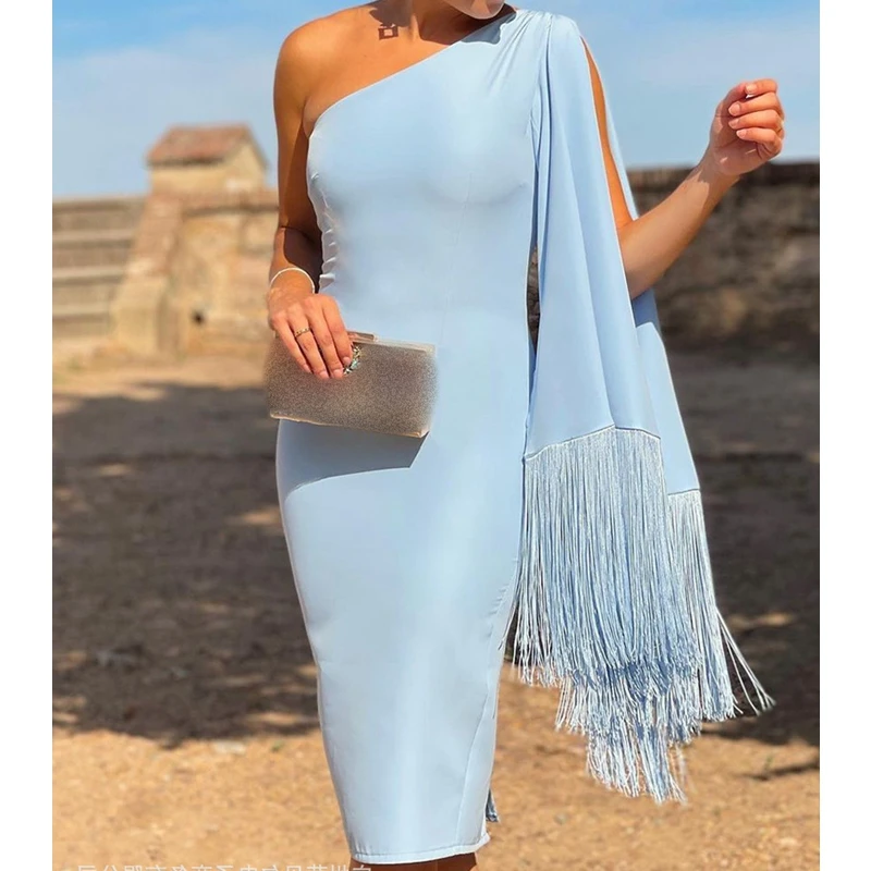 

Sexy Women Tight Party Dresses 2021 Summer Fashion Fringed Cloak Slim Fit High Waist Sky Blue Dress One-shoulder Wrap Dresses