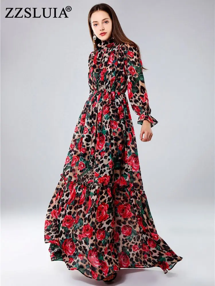 

ZZSLUIA Vintage Dresses For Women Flower Printed Folds Designer Slim Maxi Long Dress Fashion Long Sleeve Elegant Dresses Female