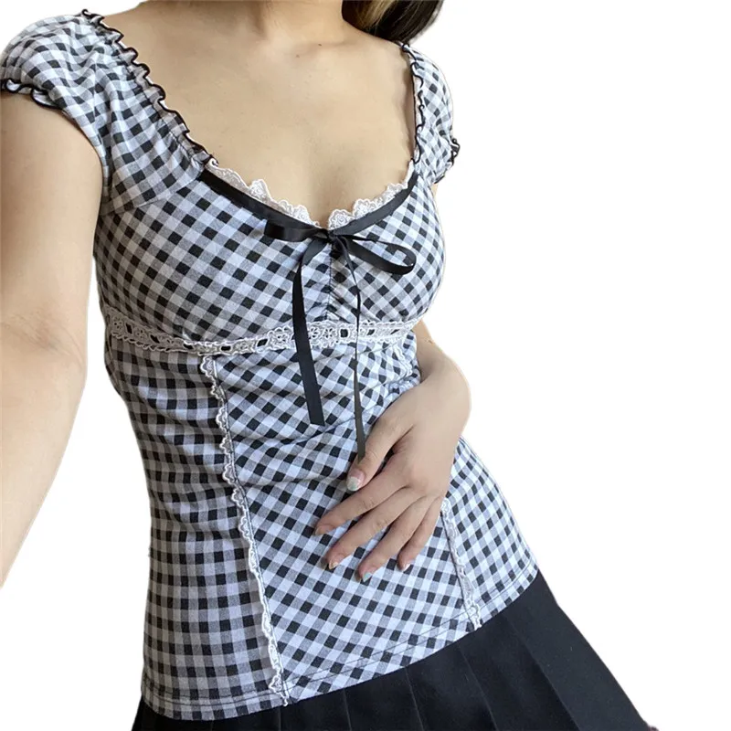 

Women Kawaii T-Shirts Summer Plaid Lace Trim U-Neck Short Sleeve Tees Close-Fitting Blouse Base Shirts y2k Vintage Casual Tops