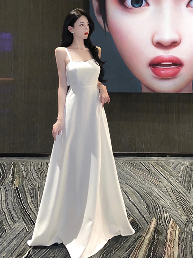 

New Women Summer Wedding Party White Maxi Dress Lady Spaghetti Strap Sexy A Line Elegant Evening Prom Clothes Vestidos