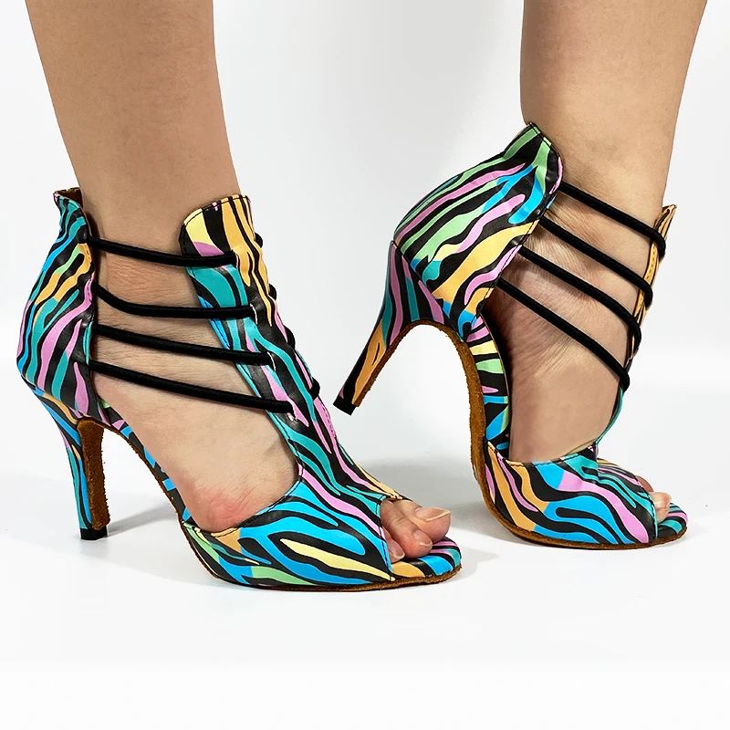Indoor Outdoor Dance Shoes Colorful Leather 2022 Latin Dance Shoes Women High Dance Heels Zapatos de baile 8.5cm 3inch Heels