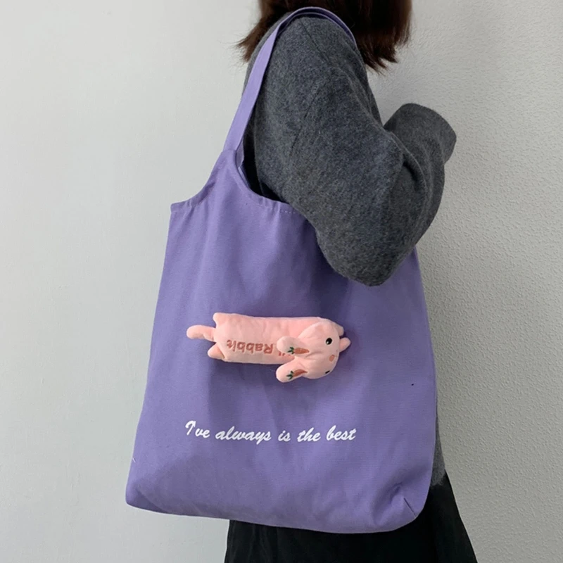 

Canvas Tote Bag with Inside Pocket Washable Cute Grocery Bag with Letters & Doll