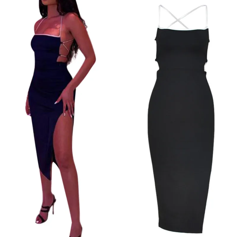 

Сексуальное женское облегающее платье для отпуска с разрезом и перекрестными бретельками, однотонное платье-топ без рукавов