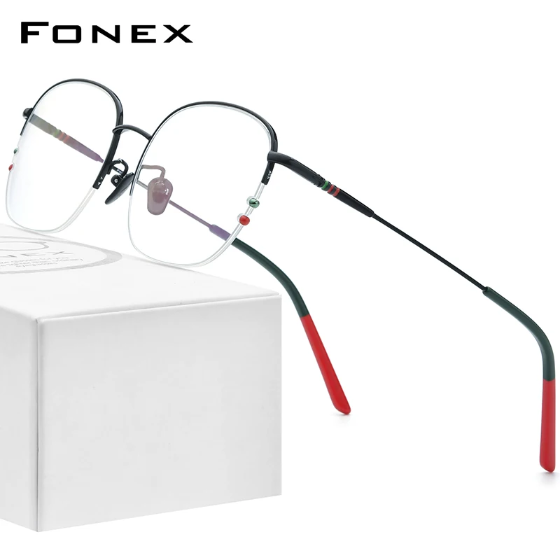 FONEX Titanium Eyeglasses Frame Women Semi Rimless Oversize Square Prescription Glasses Half Optical Frame Eyewear F85715