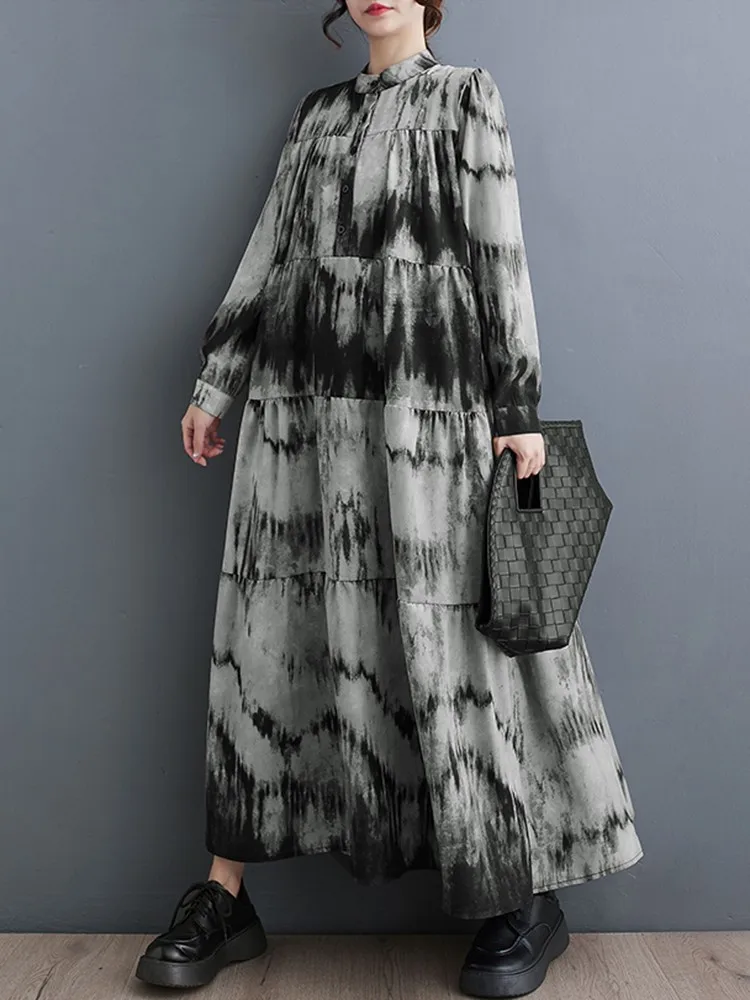 

Female A-line Long Dress New Arrival 2023 Autumn Vintage Style Print Big Swing Loose Women Casual Dresses B3175