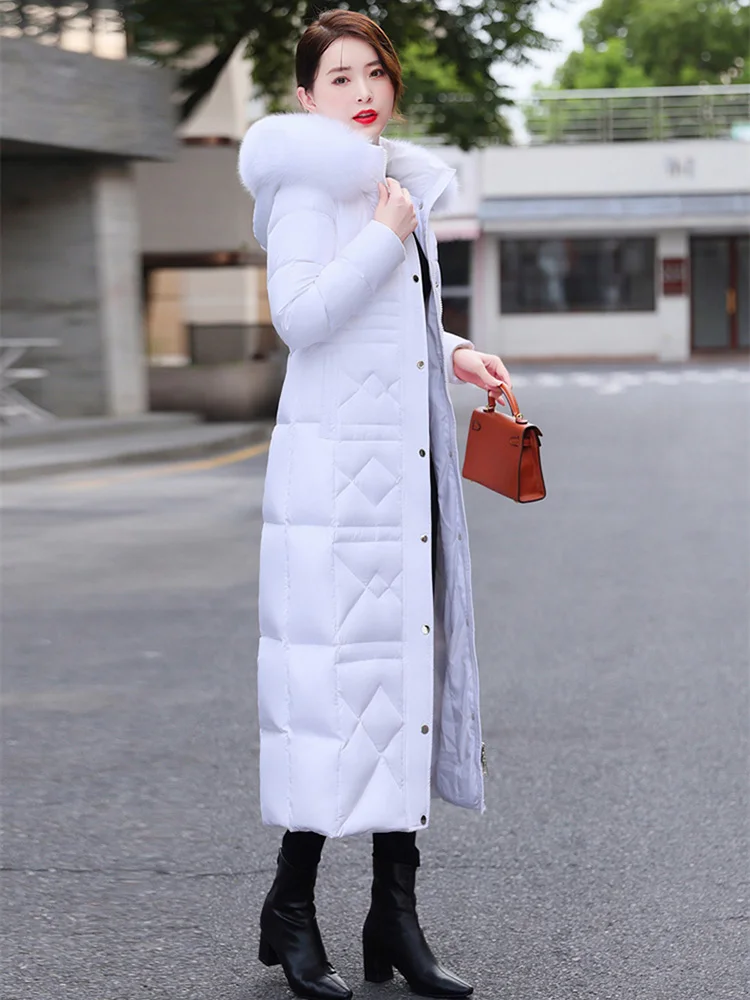 New Women Winter Down Coat Fashion Real Fox Fur Collar Thicken Warm Slim Lengthened Down Jacket White Duck Down Overcoat Female