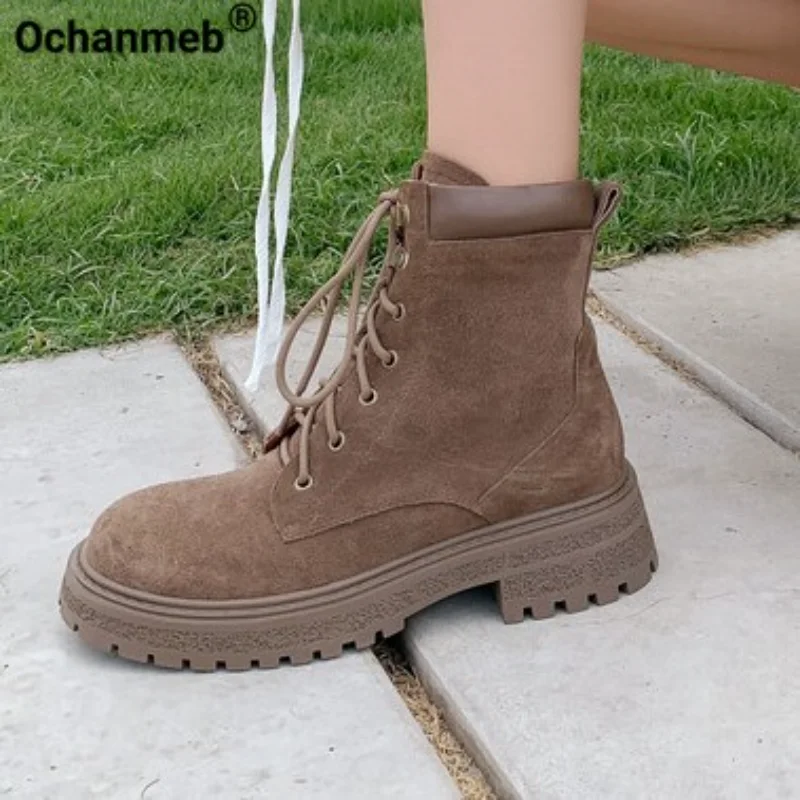 

Ochanmeb Women's Cow Suede Boots Brand Lace-up Square Heels Cross-tied Ankle Short Boots Round Toe Platforms Shoes Autumn Winter