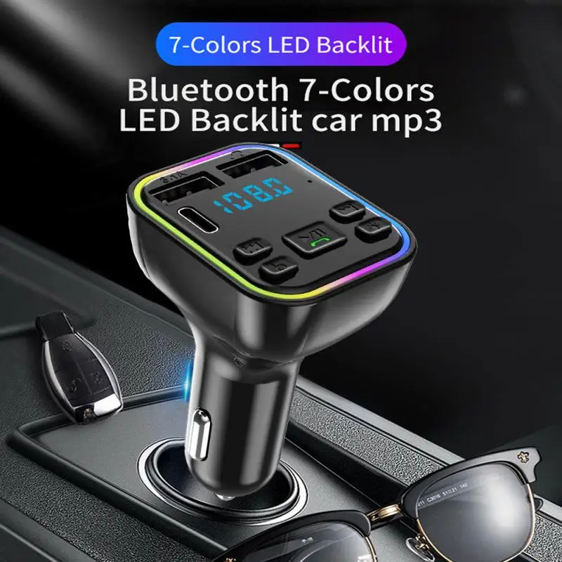 

New Car Bluetooth 5.0 FM Transmitter PD Type-C Dual USB 3.1A Fast Charger Colorful Ambient Light Handsfree MP3 Modulator Player