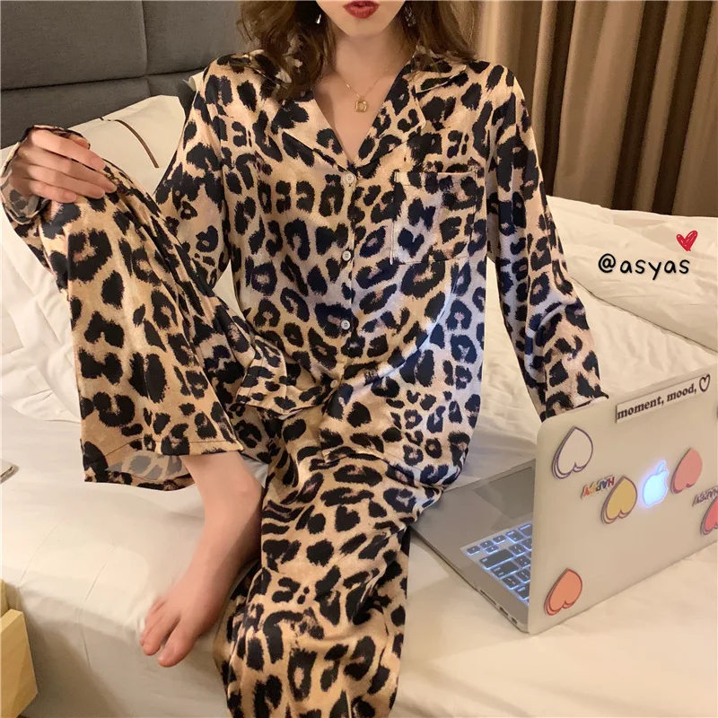 Spring Autumn New Leopard Print Pajamas Suits Female Long-sleeved Cardigan Tops Home Wear Cartoon Women Two-piece Sets