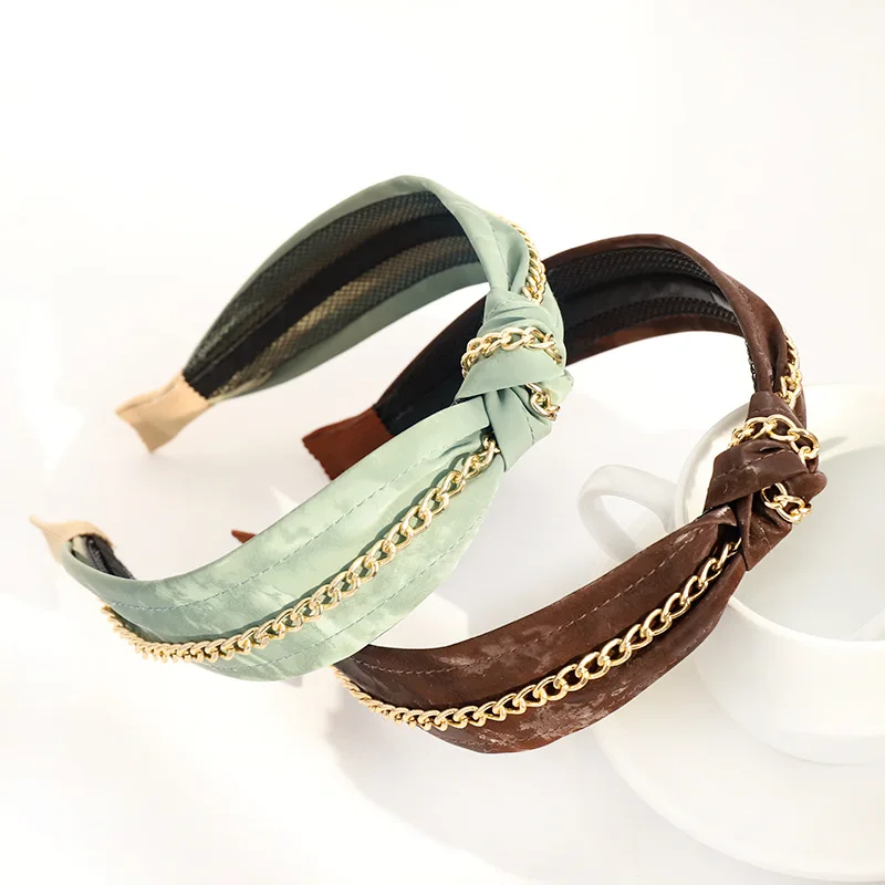 

Headband Solid Color PU Leather Chain Knot Headband Hairpin Middle Knot Women's Headwear Hair Bundle