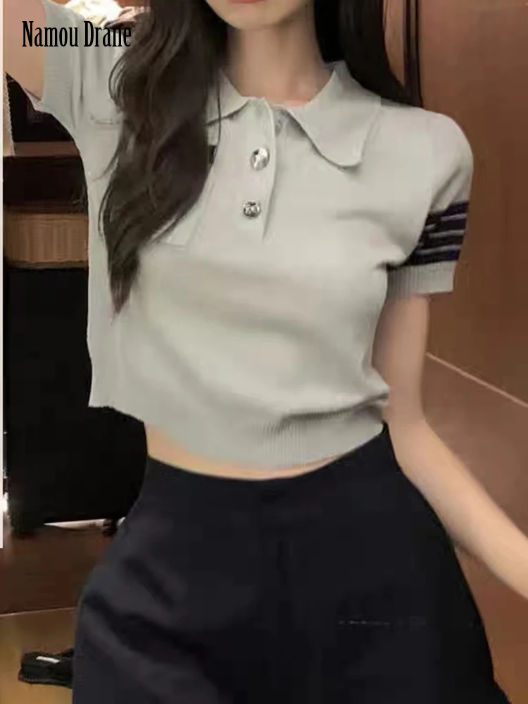 

Женский свитер-поло с коротким рукавом, тонкий пуловер с воротником-поло с мультяшным рисунком, летний свитер 2022