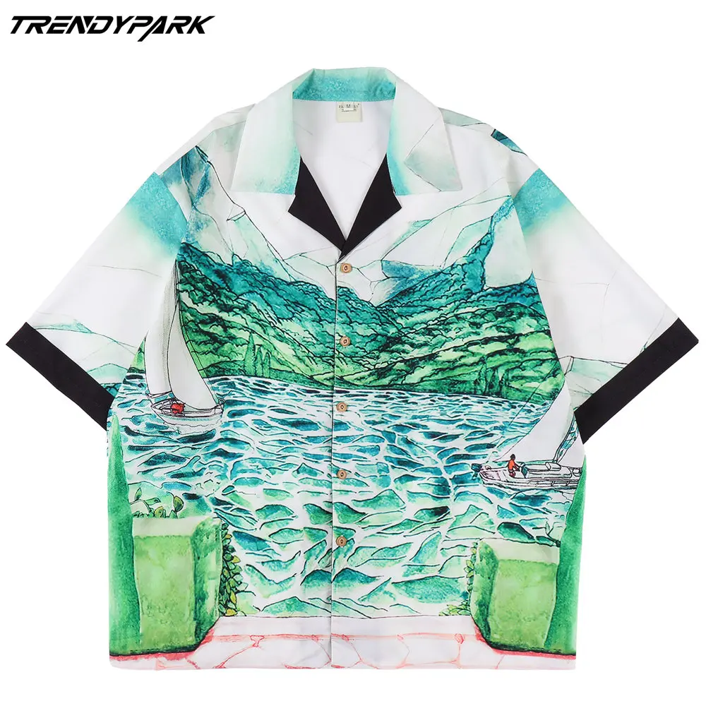 

Рубашка мужская оверсайз с принтом, блузка с коротким рукавом, уличная одежда, лето