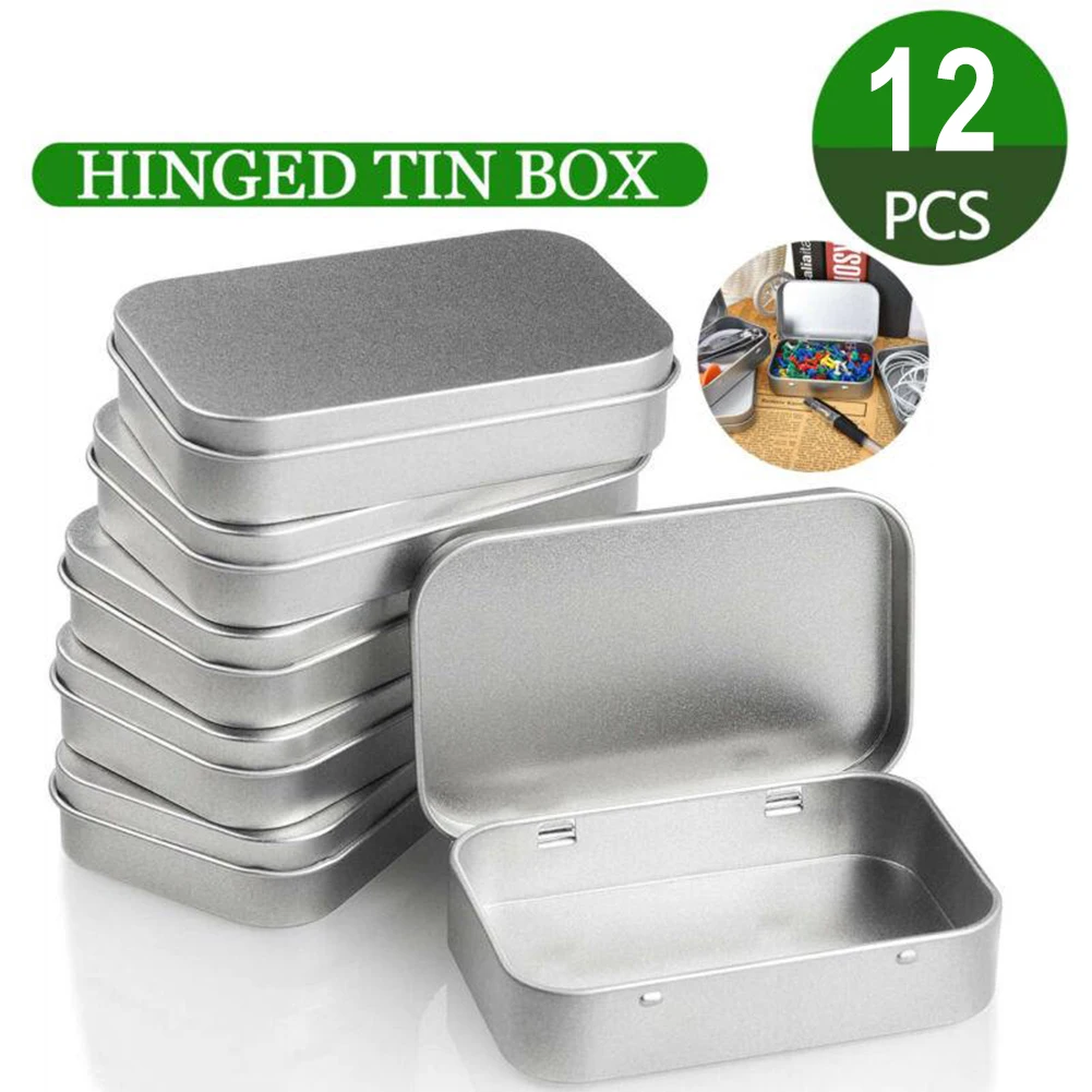 

12Pcs Metal Hinged Tin Box Rectangular Storage Container Jewelry Candy USB Cable Pill Small Storage Tins Portable Container Case