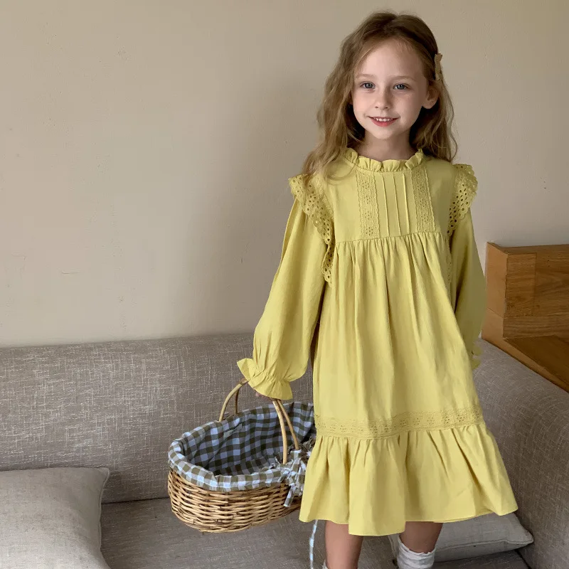 

Children Clothes Girls Spring Summer Long Sleeve Mesh Cotton Dress Baby Kids Yellow Princess Dresses for 3 4 5 6 7 Years Old