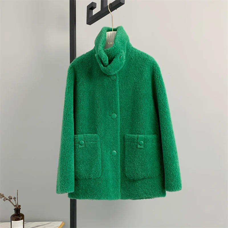 

100% genuine Green loop stand collar small lamb wool sheep shearing one piece women 2023 new little fragrant coat