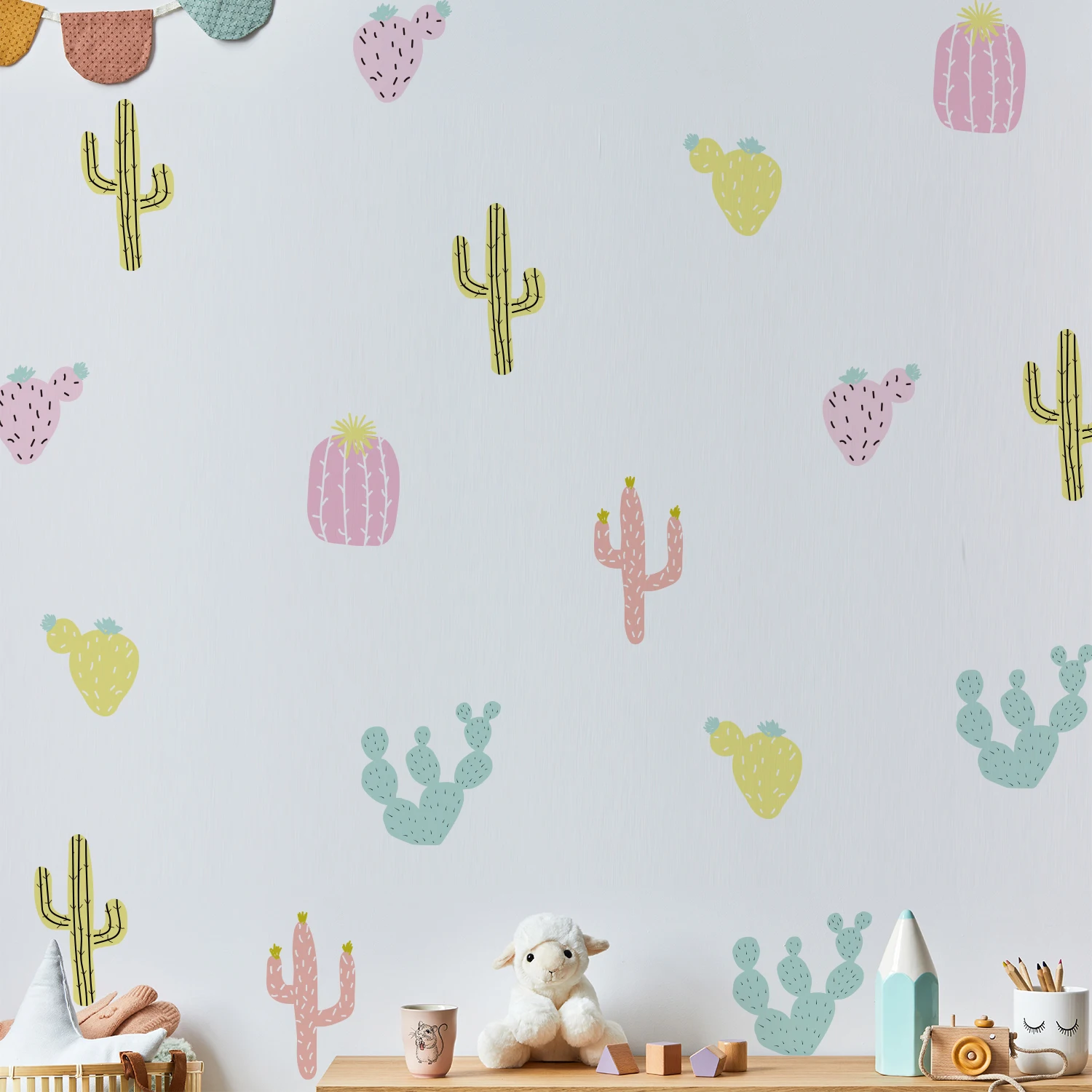 

Cartoon Colorful Cactus Nursery Wall Stickers Simple Peel Stick Vinyl Children's Wall Decal Baby Kids Room Playroom Home Decor