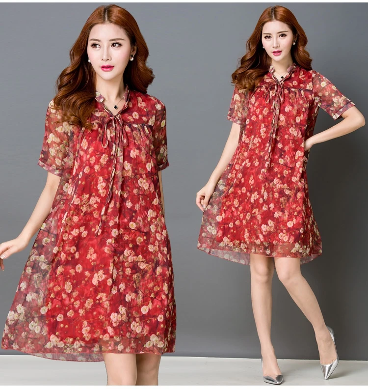 Summer 2024 Korean Sle Plus size Loose Slimming Print Mid-Length Short sleeve Bright Silk Chiffon Dress Beach Skirt Women F... |