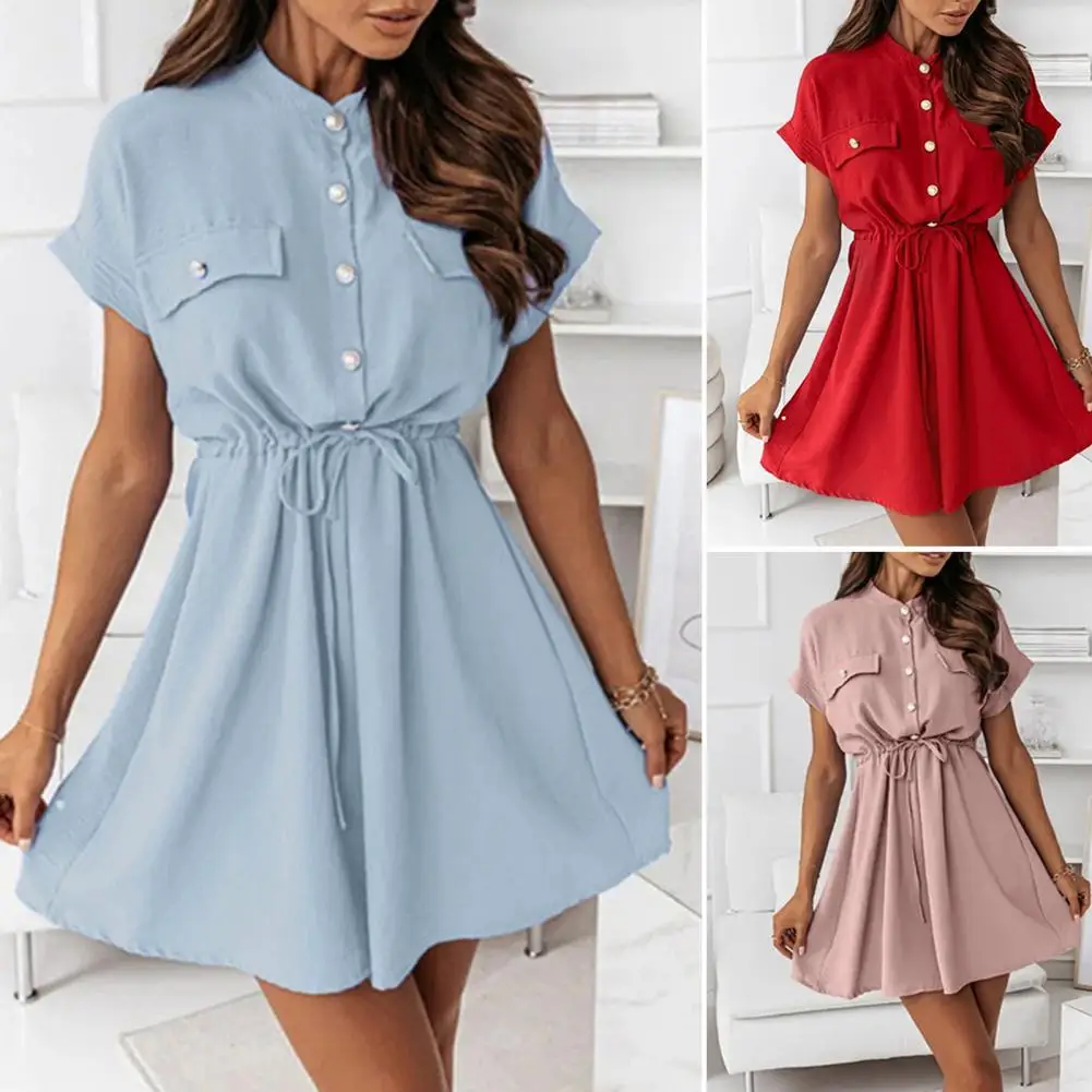

Ladies Popular Single-breasted Bandage Mini Dress Summer Beach Dress Pure Colors Streetwear