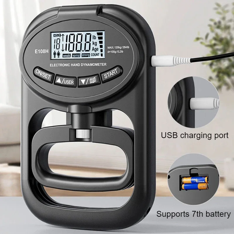 Фото Цифровой динамометр для измерения силы хвата 265 фунтов/120 кг с USB и ЖК-экраном для силовой тренировки и спорта №4