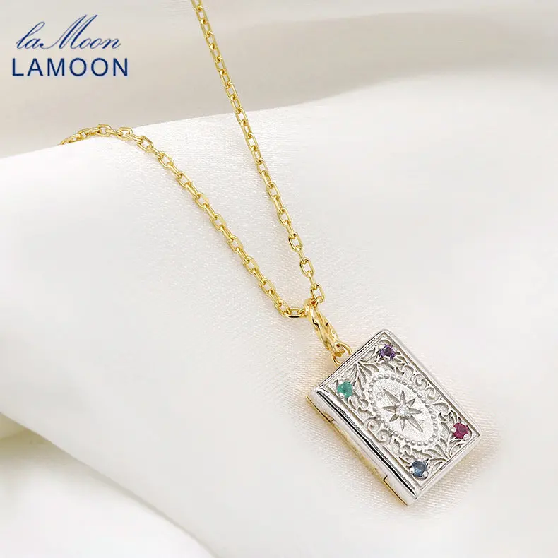 

LAMOON Retro Magic Book Pendant Necklace For Women 925 Sterling Silver Chain Gold Plated Handmade Jewelry Christmas Gift NI126