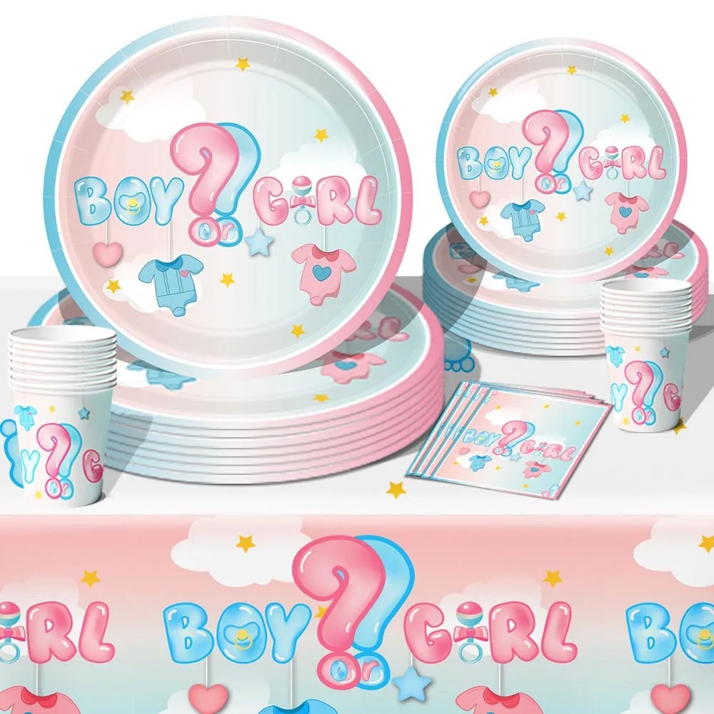 

Gender Reveal Plates and Napkins Cups Baby Shower Party Disposable Tableware Boy or Girl Tablecloth Banner Balloon Decoration