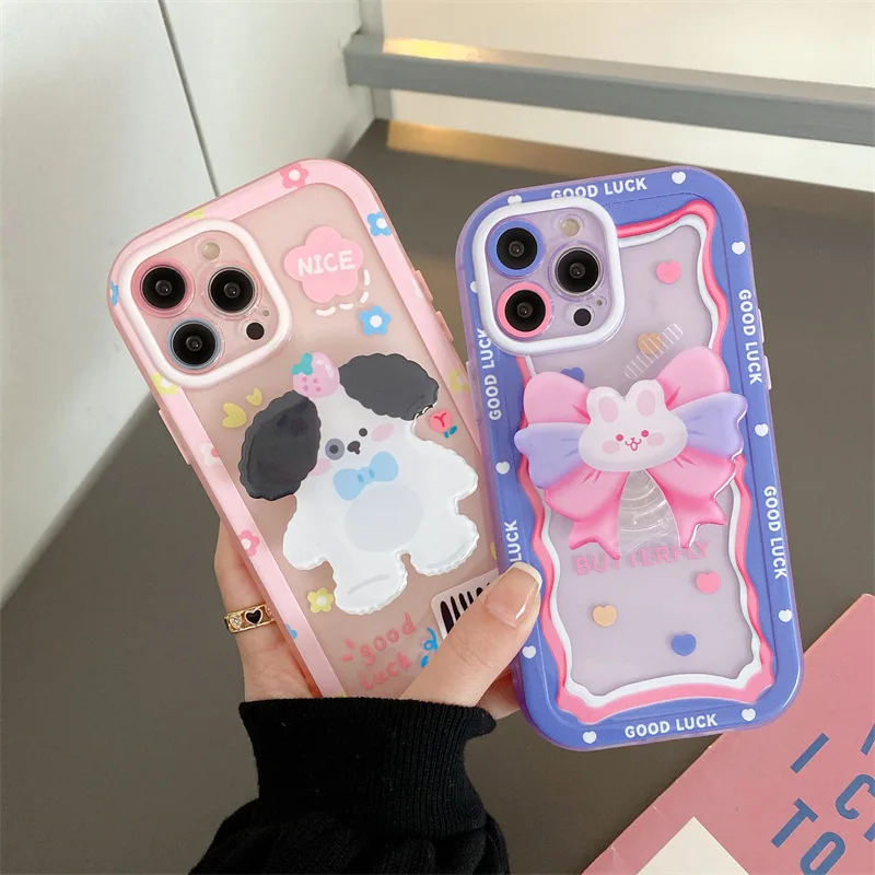 

Cute Flower Dog Rabbit Bracket Phone Case for IPhone11 12 13 Pro Max Mini X XR Cover Transparent Phone Case Protective Shell