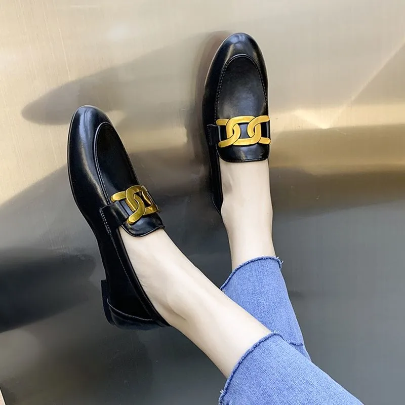 Women's Single Shoes 2023 Spring and Autumn New Round Head Metal Buckle Casual Versatile Outdoor Step on Flat Bottom Lefu Shoes