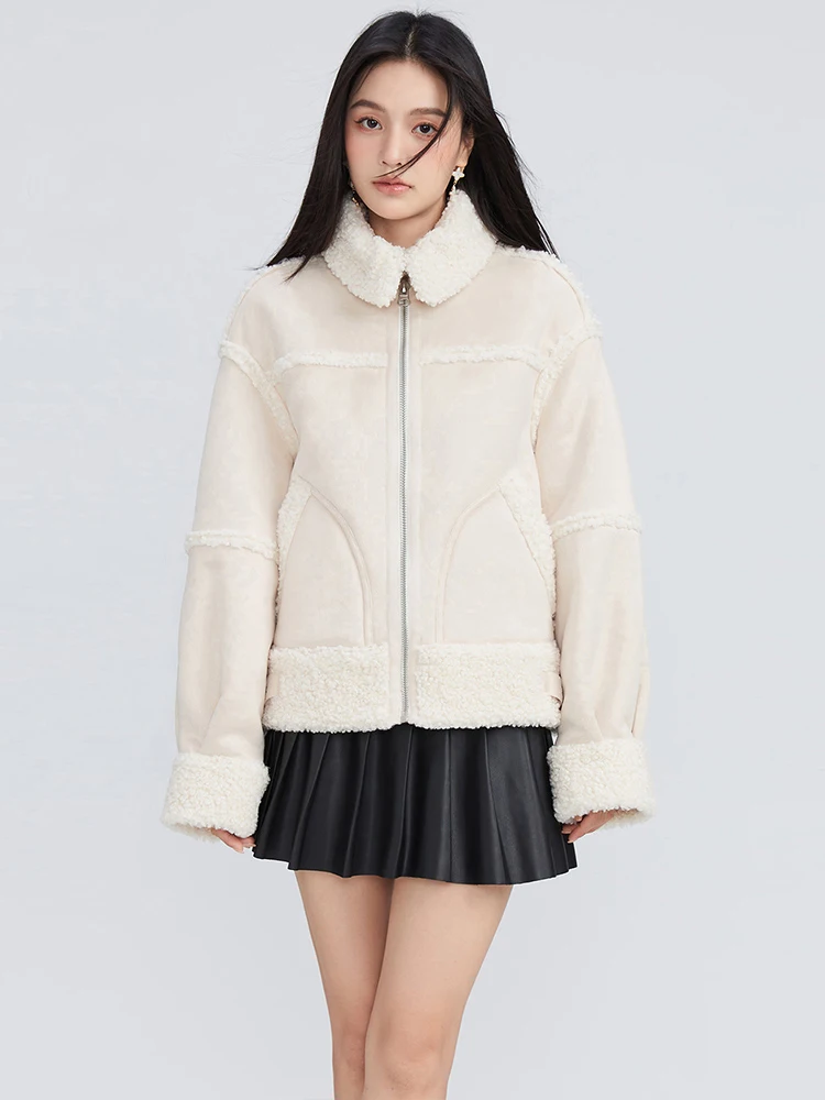 One-T 2022 Winter Women Faux Fur Plush Jackets Thick Fleece Warm Coats White Turn-Down Collar Zipper Fashion Casual Overcoats