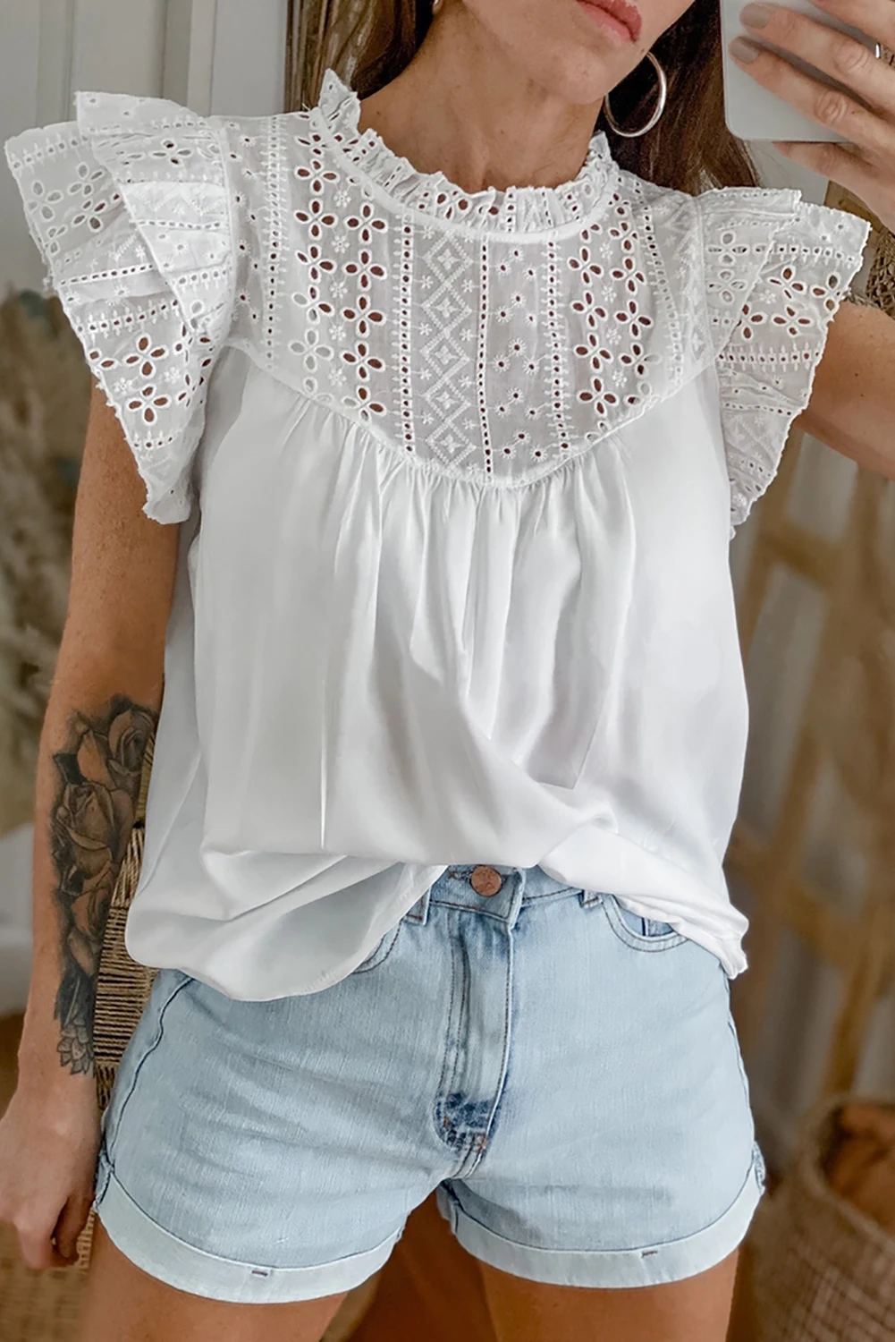 

White/Green Eyelet Pattern Splicing Ruffled Sleeves Top for Women