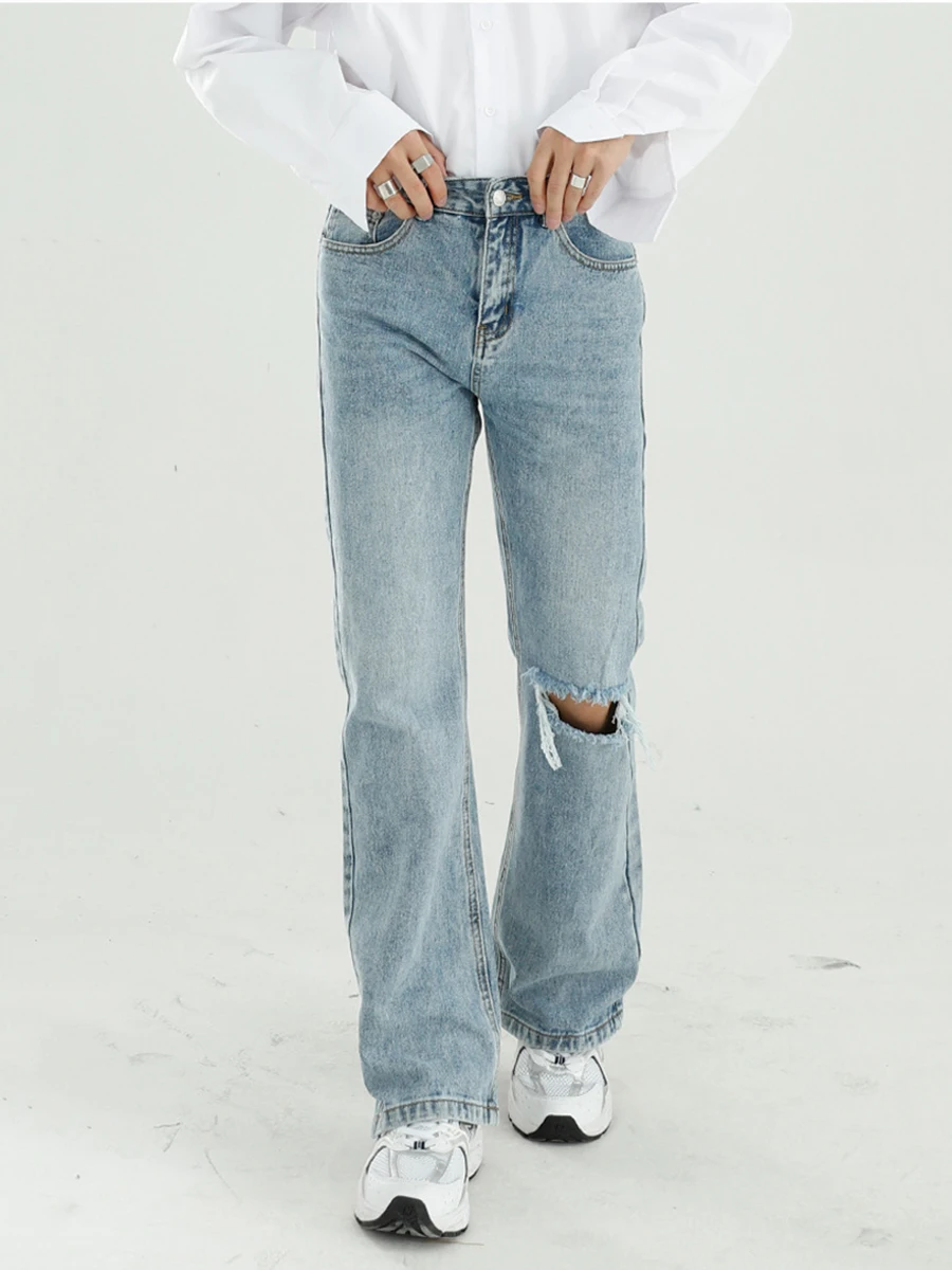 Four Seasons Men's Workwear Jeans Korean Version Straight Hole Micro-Flare Loose Men's and Women Fashion Streetwear Ins Hot Sale