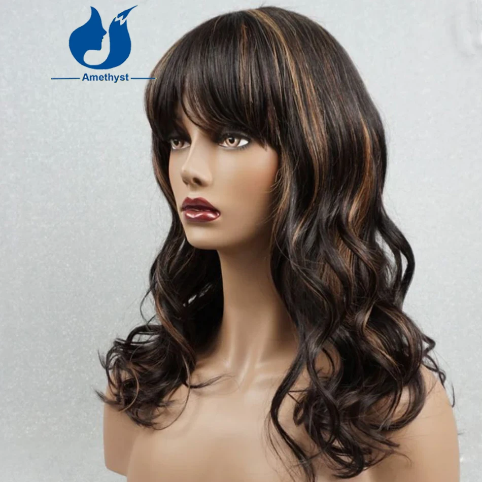 Парик из натуральных волос с аметистовой волной и челкой для женщин полностью