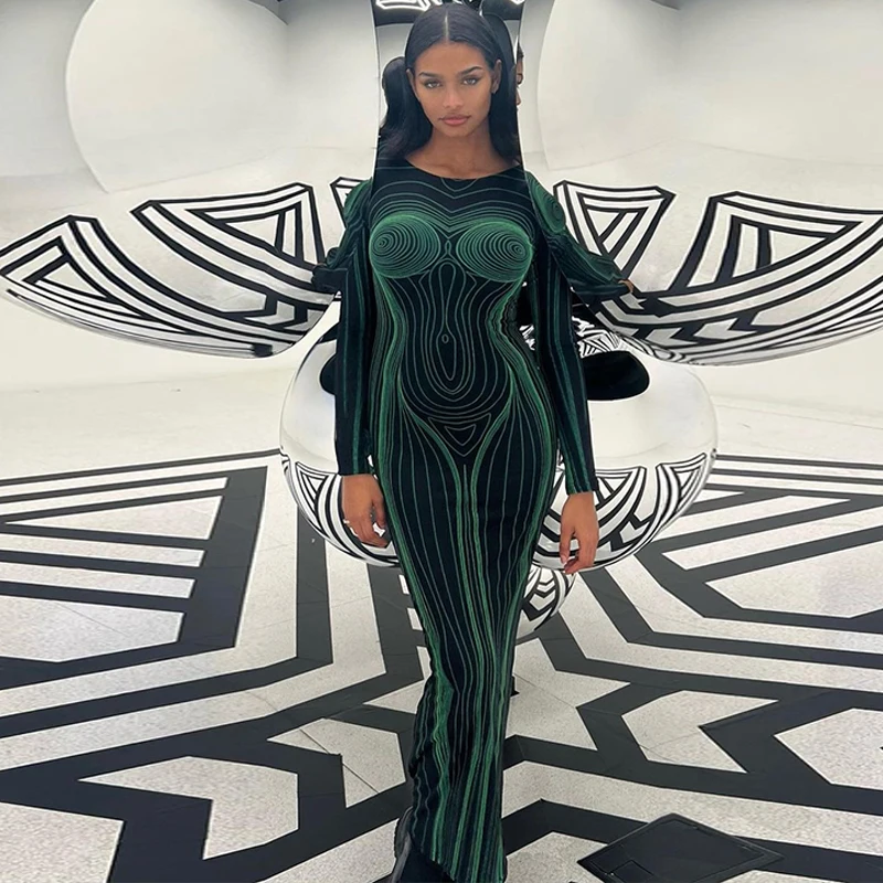 

Striped Print Long Sleeve See Through Sexy Bodycon Maxi Dress 2022 Winter Women Y2K Evening Fall Clothing