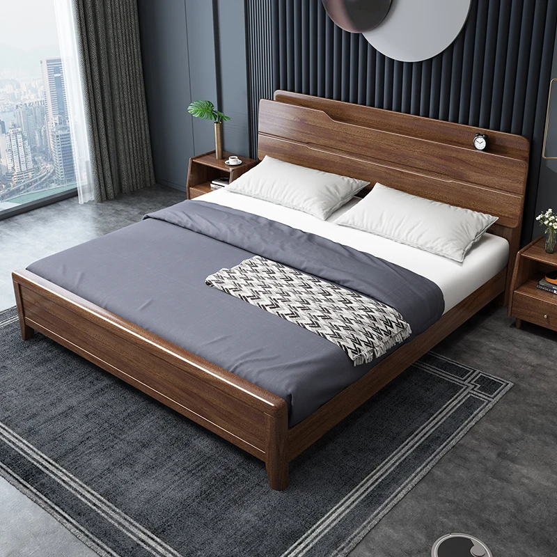 

Walnut Nordic solid wood bed 2.2m double master bedroom wedding bed Modern minimalist storage furniture 1.5m.