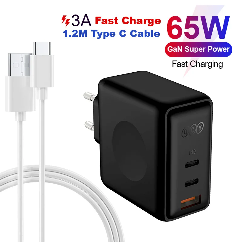 

QCY 65W GaN Quick Charger Wall Charge Adapter 3 Port Type-C USB Fast Charger PD QC Fold Power Adapter For iPhone Laptops MacBook