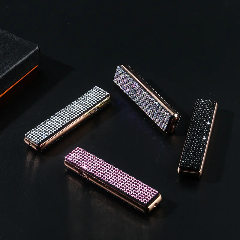 Individually Creative Double-Sided Diamond Inlaid Design Lighter USB Charging Tungsten Ignition Ultra-Thin Silent Lighter