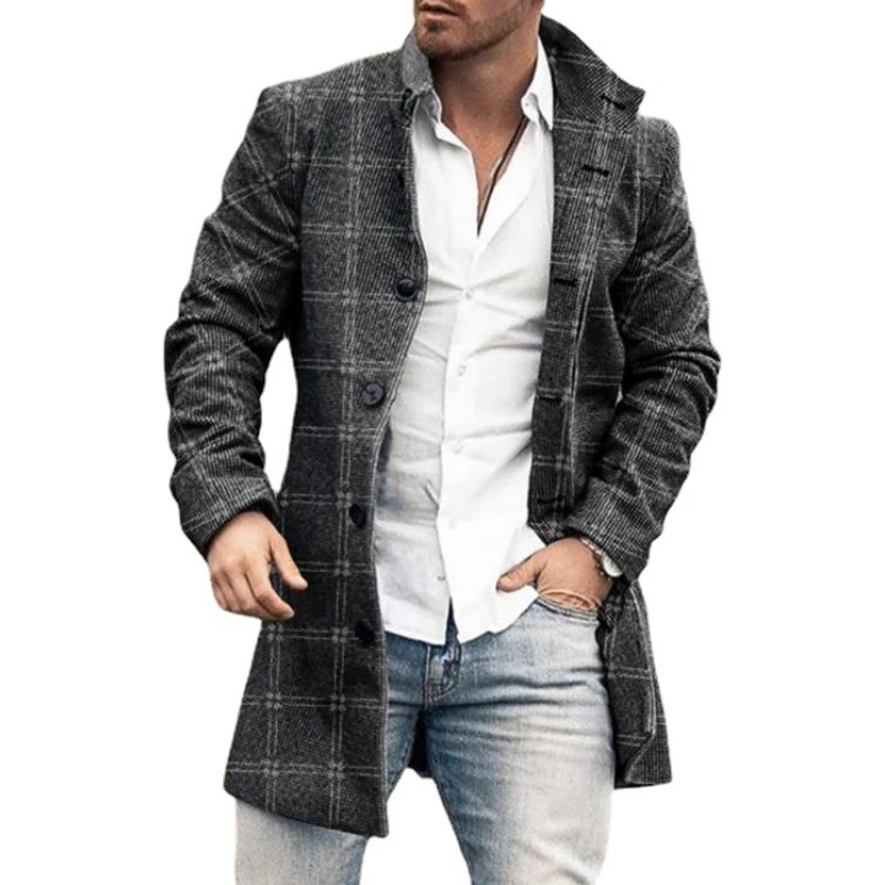 

Mens Wool Blends Jacket Spring Autum Trench Overcoat Warm Wool Outwear Long Black White Plaid Blends Coat Male Plus Size 4XL