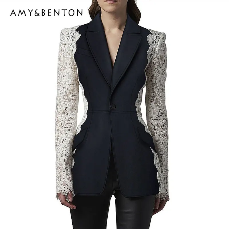 

Black Suit Jacket for Women Early Spring New Chic Lace Stitching Fashion Retro Style Long Sleeve Elegant Business Suit Coat